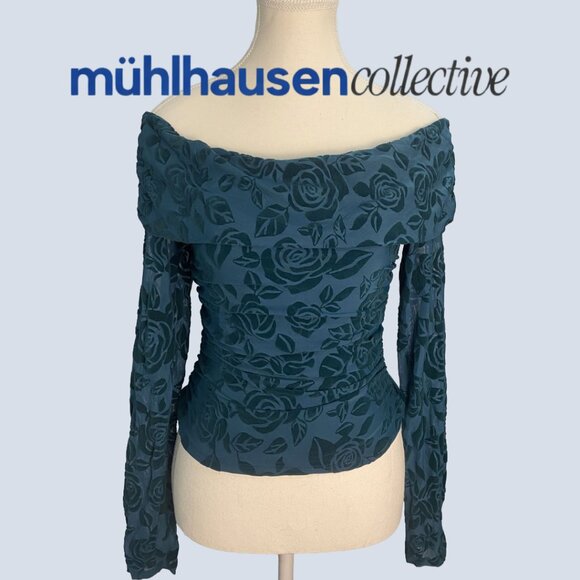 NWT Wild Fable Velvet Mesh Teal Floral Off-Shoulder Top - Picture 4 of 5